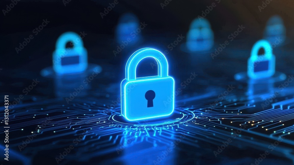 Poster endpoint cyber security defense. digital locks illuminated on a circuit board symbolize cybersecurit