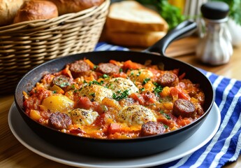 Delicious homemade egg dish with sausages and vegetables served in cast iron skillet on wooden table with bread and condiments in background