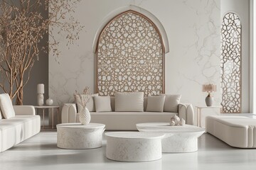 Elegant living room with a beige interior and marble accents in a stylish home