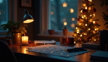 Richly decorated desk in a dark environment with golden festive lights and sparkling stars, dark, decorated