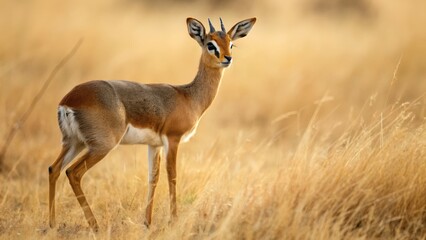 Obraz premium A Dik-Dik Standing in Dry Grassland, showing its small size and alertness, perfect for wildlife enthusiasts.