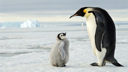 Fototapeta premium a parent emperor penguin and chick standing on the ice, with an iceberg on the background