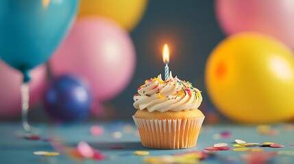Close-up of a festive cupcake with a lit candle surrounded by colorful balloons and confetti at a birthday celebration