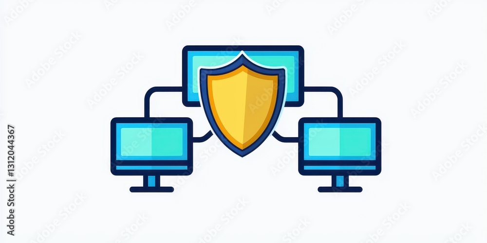 Poster endpoint cyber security defense. network security concept with shields and connected computers.