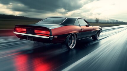 Fototapeta premium Muscle car with a roaring engine, motion blur enhancing the feeling of raw power on a long stretch of road