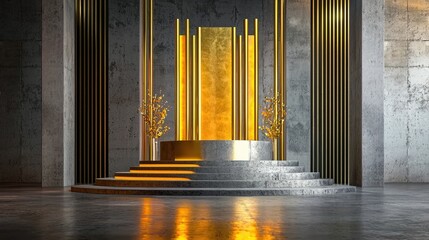 A glowing gold-lit podium on a dark, modern stage, evoking prestige and exclusivity