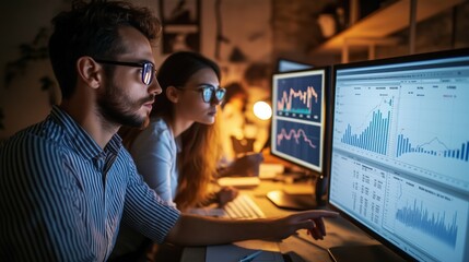 Focused team analyzing data on monitors in a high-tech office. AI generated