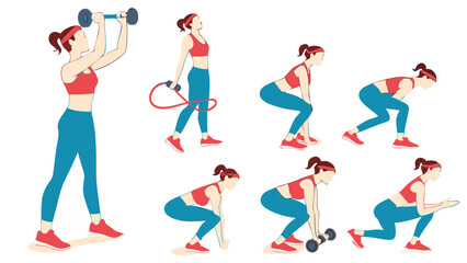 digital vector illustrations of a confident woman doing fitness activities, set