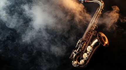 Obraz premium Elegant Saxophone Surrounded by Dramatic Smoke with Artistic Lighting Enhancing the Musical Vibes in a Studio Setting