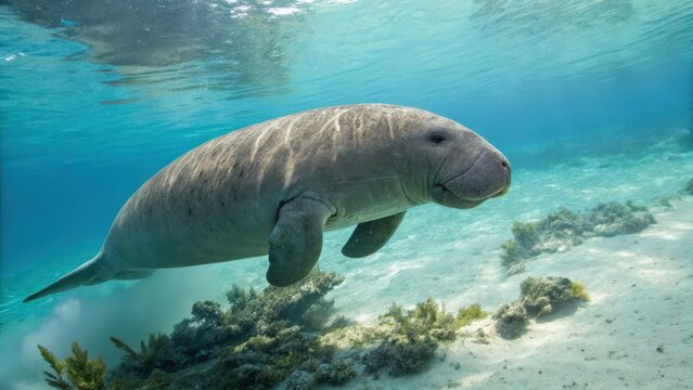 a serene underwater image of a dugong gracefully swimming near the ocean floor. The dugong appears gentle, gliding in clear, turquoise waters.