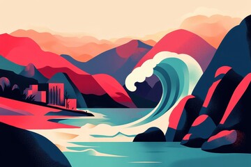 Colorful Abstract Wave in Landscape with Mountains and Rocks