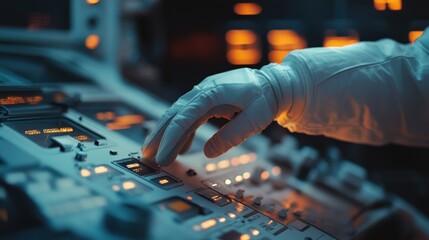 Astronaut operating console in spaceship