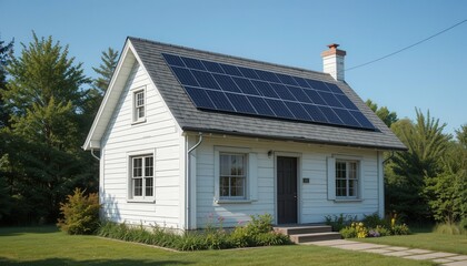 Solar-powered home suburban area real estate image outdoor eye-level view sustainability focus