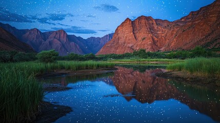 Starry night reflection on mountain lake