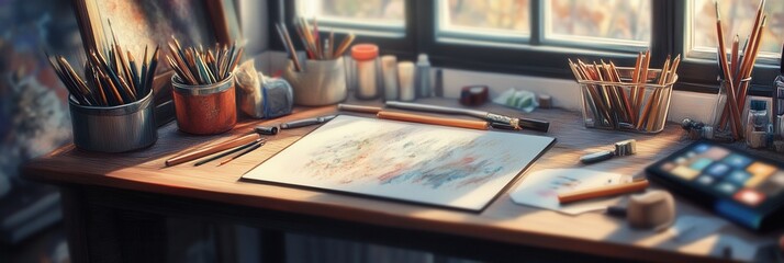 Creative tools and artistic workspace filled with brushes, pencils, and digital tablets at afternoon light