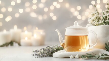 A cozy setting with a glass teapot brewing herbal tea with chamomile, mint, and lavender, surrounded by candles and fresh flowers