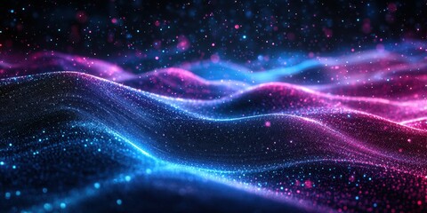 Fototapeta premium Colorful waves of light create a mesmerizing digital landscape in vivid hues of pink and blue during a night scene