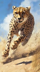 Cheetah sprinting powerfully across a dry savannah plain. Vertical