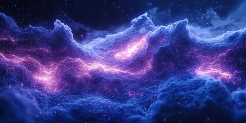 Vibrant cosmic landscape featuring swirling clouds and electric bursts over a starry expanse