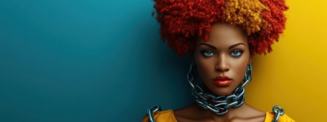 Striking Portrait of a Woman with Vibrant Hair and Bold Chains Against a Colorful Background