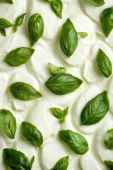 Obraz premium Fresh basil leaves on sliced mozzarella cheese background