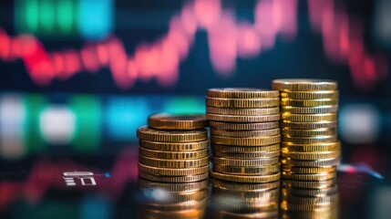 Coins stacked on a reflective surface against financial chart background. Possible use business, investment, finance