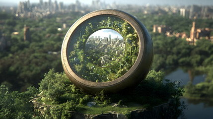Circular Metal Sphere with Cityscape View in a Green Park