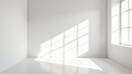 Fototapeta premium A clean, white room with sunlight streaming in through the window, casting shadows on an empty wall