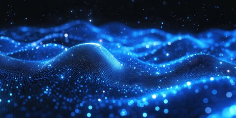 Visual representation of flowing blue waves with glowing particles under dark background at nighttime