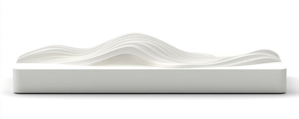Abstract white landscape, digitally rendered, showing undulating waves or hills on a rectangular base. Clean, minimalist aesthetic.