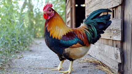 Colorful rooster near rustic wooden coop