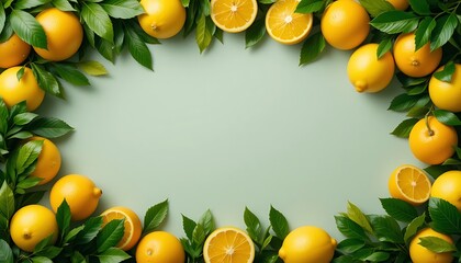 Arrangement of Fresh Lemons and Green Leaves on a Green Background