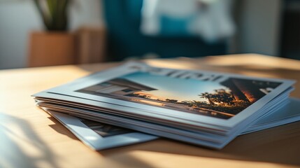 A clean stack of real estate flyers styled with subtle typography on a light wooden table. pic