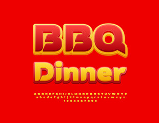 Vector creative poster BBQ Dinner. Bright Alphabet Letters and Numbers set. Red and Yellow modern Font