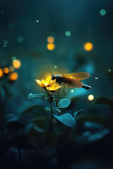 Naklejka premium Macro shot of a glowing insect on a flower at dusk with ambient fireflies