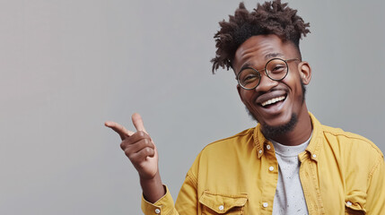 A cheerful African American man pointing towards something near his friend on a grey background, celebrating Juneteenth.