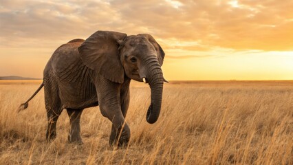 Fototapeta premium an elephant walking through a golden savanna during sunset, with an amazing landscape behind. The majestic elephant strides purposefully across the open terrain.