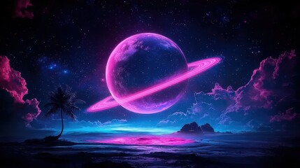 Pink planet with rings, palm tree, beach, night sky.