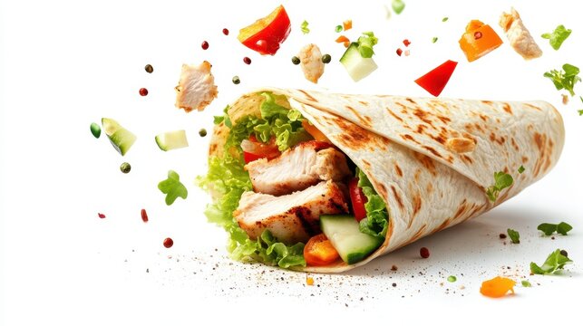 A fresh grilled chicken wrap roll with flying vegetable pieces, isolated on a white background.