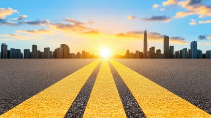 Obraz premium Asphalt road leading towards a city skyline at sunset. Golden hour light, urban landscape, and long road.