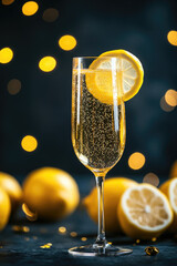 Sparkling lemon champagne with citrus fruits and festive bokeh lights
