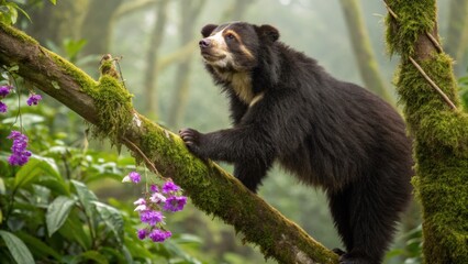 an Andean bear climbing a tree, surrounded by lush green foliage. The bear has a distinctive facial markings and dark fur