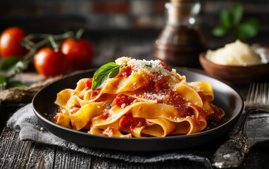 Pappardelle with tomato sauce and basil on a dark plate, against a wooden background