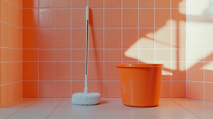 A minimalist mop and bucket styled on a clean tiled surface. pic