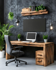 A black office chair sits in front of a rustic wooden desk with a computer and potted plants
