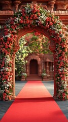 Floral archway leading to a vibrant courtyard with a red carpet in an ornate outdoor setting