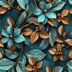 Teal and copper floral seamless pattern.