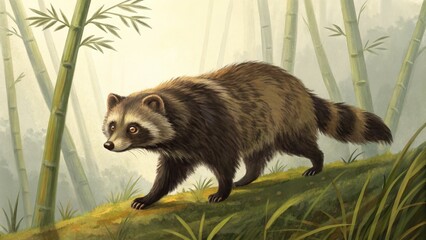 Obraz premium a raccoon dog walking in a bamboo forest, showcasing its unique fur and captivating presence. The forest background creates a serene atmosphere.