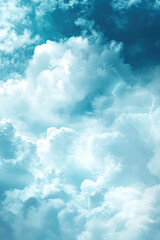 Fototapeta premium Dramatic cloudy sky with lightning strikes in turquoise blue atmosphere
