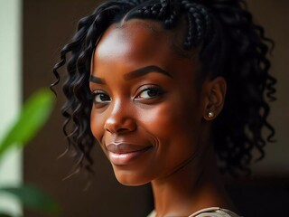Young Black Woman Smiling Gently Against Blurred Background